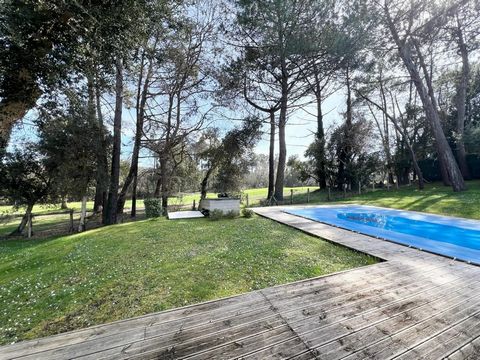 Magnificent villa of 164m2 with heated swimming pool on a very pretty wooded plot of more than 1200m2 overlooking the superb golf course of Moliets. It consists of a large entrance hall, a very bright living room with its open kitchen, 2 master suite...