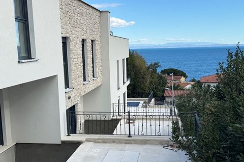 Lovran, exclusive duplex apartment surface area 97,89 m2 for sale, with pool and sea view. The apartment consists of ground floor with living room, kitchen, dining area, toilet and staircase, and the first floor with two bedrooms, two bathrooms, hall...
