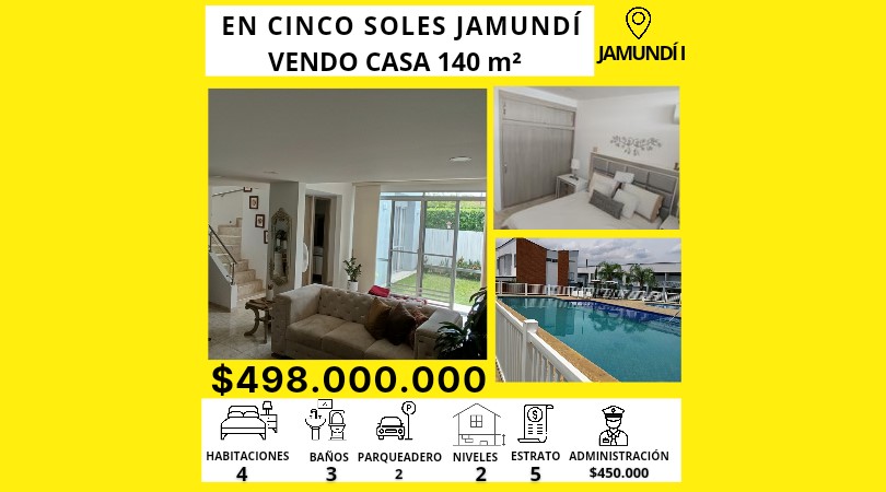 EN CINCO SOLES. JAMUNDI VENDO CASA DE 140M². $498.000.000 Casa amplia y luminosa en condominio Sol del Campo, de 140 metros. Distribuida en dos niveles: sala comedor, antejardín, parqueadero doble lineal, cocina integral, zona de oficios, habitación ...