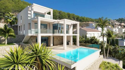 Villa de lujo de nueva construcción con vistas al mar en venta en Calpe. En la planta baja hay un amplio salón, una cocina abierta con despensa, 2 habitaciones dobles cada una con baño en suite y un aseo de invitados. En el primer piso está el dormit...