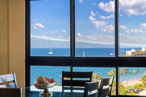 Prime penthouse location with stunning ocean views overlooking world famous Kaanapali Beach, Black Rock, and the majestic West Maui Mountains. This one bedroom plus den can sleep up to six guests and features granite countertops, custom wood cabinetr...