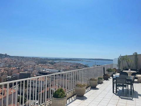 This 110 m2 apartment is perfectly located for not needing to take the car for anything. You are in the center of Cannes in 2 minutes walking. Very sunny apartment (triple exposure) which offers a panoramic view on the top floor opening onto a 168 m2...