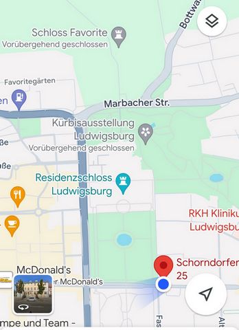Perfect location: directly adjacent to the Baroque palace park and another green space, and in the city center. Bus stops are just a few feet away, with the S-Bahn reaching Stuttgart in about 10 minutes. The equipment is in a minimal classic style wi...