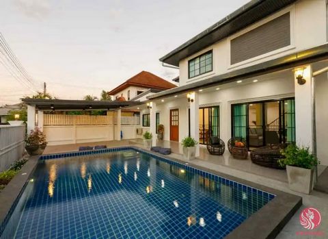 This charming 2-storey Pool Villa house for sale Chiang Mai offers the perfect blend of luxury and practicality. With 3 bedrooms, 4 bathrooms, and a saltwater swimming poo l, this 280 sqm house provides a comfortable and stylish living space. The ful...