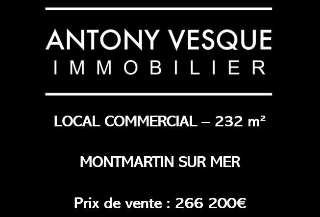 The Agency ANTONY VESQUE IMMOBILIER offers you in the town of Montmartin-sur-Mer this recent commercial space of about 235 M2 on a plot of about 1000 M2 with parking spaces consisting of a reception office, a kitchen area and shower room, a workshop ...