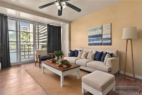 Upgraded 1 Bedroom 1 Bathroom Condo at The Rosalei in Waikiki! Discover this move-in-ready condo featuring modern upgrades throughout. The kitchen boasts custom cabinets, quartz countertops, and vinyl flooring. The building has been fully re-piped a ...