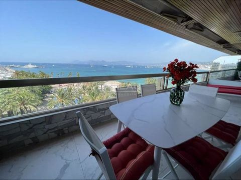 Panoramic view for this 3-bedroom apartment on the Croisette, completely renovated; A vast living room opening onto a terrace overlooking the sea and the Bay of Cannes, a luxuriously equipped open-plan kitchen, a master bedroom with en-suite shower r...