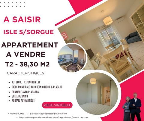 Sylvie et Pascal BECOURT vous proposent à la vente cet appartement lumineux situé à L'Isle-sur-la-Sorgue, dans une résidence fermée et sécurisée datant de 2007. Idéalement conçu pour un primo-accédant ou un investisseur, ce bien allie confort et fonc...