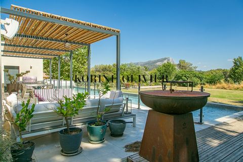 In the heart of the Aix countryside, at the foot of the Sainte Victoire this contemporary house of 180M2 facing south will seduce you with a unique view. On one level, it is composed of an open and bright living space of 80M2, the kitchen with a cent...
