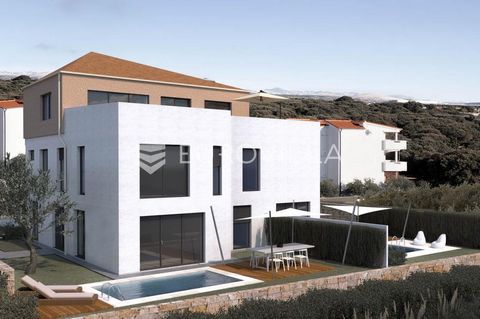 Pag, Mandre, modern building with four residential units with swimming pool, in a quiet location with a beautiful open sea view. Apartment S1 - two-room apartment on the ground floor, closed area of 84.50 m2, in the first variant it can be with two b...