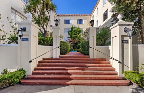 Rare opportunity to purchase the perfect San Francisco pied--terre located in an architecturally rich Mediterranean style building. The light-filled corner unit looks out directly to the beautifully designed courtyard with matured trees, a bird bath,...