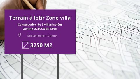 Located in Mohammadia. Ideally located plot of 3250 SQM for the subdivision and construction of 3 individual villas. Zoninig: D2 Ground Use coefficient of 35%