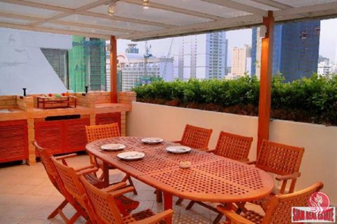 Impressive 2-bedroom, 2-bathroom and office Sukhumvit condo, fully furnished, with: On the top level, there is a 240m2 + 120m2 roof garden with pergola, as well as a 60m2 living room, 2 beds, 2 bathrooms, 1 office, 1 guest toilet, and 1 maid’s room w...