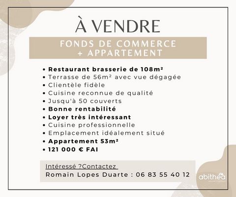 BUSINESS - RESTAURANT + APARTMENT AN ABITHEA EXCLUSIVE! TO BE SEIZED! In the heart of the city of Lens, ideally located on an axis with great visibility, come and discover this restaurant / craft brasserie, with an interior surface of 108 m2 with its...