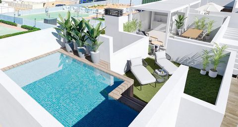 NEW BUILD 2 BEDROOM TOP FLOOR APARTMENT WITH PRIVATE POOL IN SAN PEDRO DEL PINATAR.~~Residential complex with modern ground and top floor bungalows.~The dwelling has 2 bedrooms, 2 bathrooms, open plan kitchen with lounge, fitted wardrobes, terrace, p...