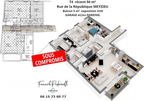 Dpt Rhône (69), à vendre PLEIN CENTRE de MEYZIEU Appartement T4 94m² Terrasse, possibilités 2 stationnements