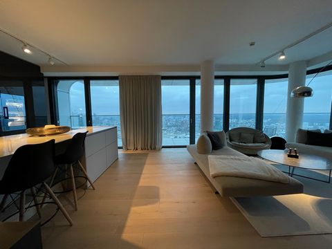 Furnishings: Designer apartment, furnished to a high standard, with a view of the Frankfurt skyline. Always flooded with light through the window front.Large balcony. 2 bathrooms. Fully equipped kitchen. Usage: Very suitable as a home office due to f...