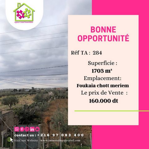 Beautiful Agricultural Land in Chott Mariem Foukaia Very Nice Offer for an Agricultural Land with individual title available in foukaia chott mariem with an area of 1703 Total Price 160..000 DT Location Foukaia Chott Meriem Info Agency Director Maha ...