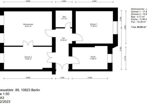 Address: Grunewaldstraße 89, 10823 Berlin Property description The three-room apartment is located on the 1st floor of the front building. The features include: • Spacious living room • Two bedrooms • Roomy kitchen area • Shower room and washing mach...