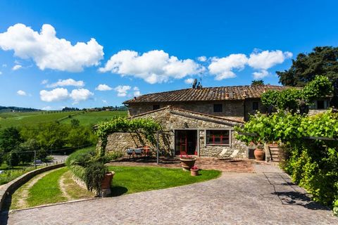 This spacious 4 person holiday home is located at a 5 minutes drive from Greve in Chianti, above the Chiantigiana road, in a small estate overlooking vineyards. It has 2 bedrooms with attached bathrooms, living room with fireplace, and a fully equipp...
