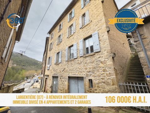 New STB Real Estate Exclusivity In Largentière, close to the historic centre We offer this building to be completely renovated totalling 201m2 of living space divided into 4 apartments and 2 garages. On the 1st floor, you will have a T3 apartment of ...