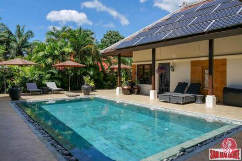 This is a fully upgraded three bedroom pool villa for sale in Cherng Talay. It is a courtyard style house with the large 8m x 4m swimming pool placed in the middle. The private pool is a fresh water system with natural stone tiles. There is a nice op...