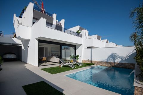 3 bedroom luxury semidetached villas in San Javier . Luxury 3-bedroom townhouses, a few meters from the beach, in Santiago de la Ribera. They have a private pool, designed in a modern style. They have double glazed sliding doors that open directly on...