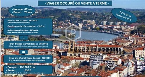 Type de vente : VIAGER OCCUPÉ AVEC OU SANS RENTE Type de bien : appartement T7 + cave + parking + garage Lieu : Vienne-Estressin - Homme : 87 ans - Dame : 79 ans Valeur libre d'expertise : 580 000 € Bouquet : 274 944 000 € Hai - Sans rente OU - Bouqu...