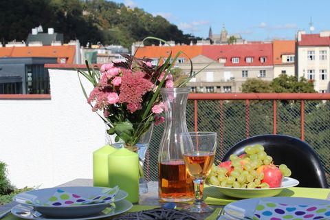 The apartment has an amazing terrace with a fantastic view of Prague Castle, Petrin, and the red Prague rooftops. You can see the golden roof of the National Theatre, Tower Tyn Cathedral and St. Ludmila. This romantic place is ideal for an evening gl...