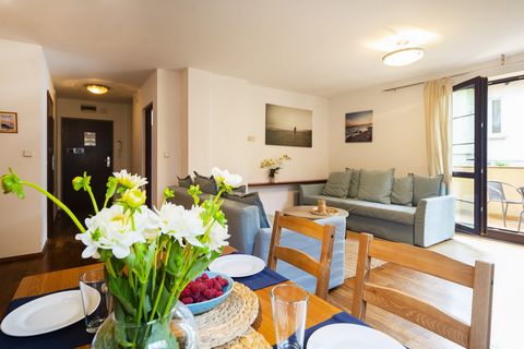 The apartment is an ideal proposition for six guests who care about a spacious apartment. The elegant living room has two sofas and a large TV. The living room is connected to the kitchen and dining room. The apartment also has a large balcony, a sep...