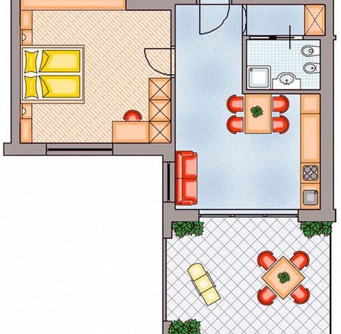 In this apartment we offer you a beautiful ambience with a bedroom, bathroom and living room with kitchenette. The Granny apple runs through your holiday home with subtle color accents. Your apartment is on the 1st floor with a terrace. In addition t...