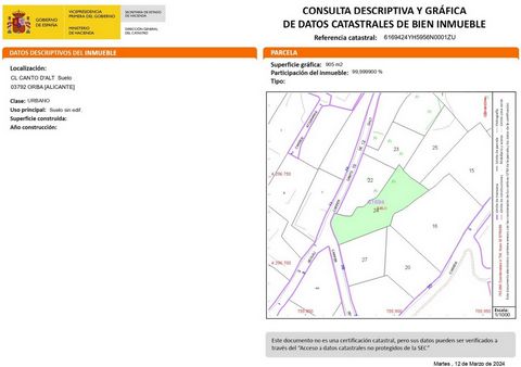 Auf diesem Grundstück von 905 m2 können Sie ein Haus in zwei verschiedenen Höhen bauen Es befindet sich in der Urbanisation Orbeta de Orba im Herzen der Costa Blanca Schöne Aussicht auf das Tal und die umliegenden Berge Ganz in der Nähe der Stadt die...