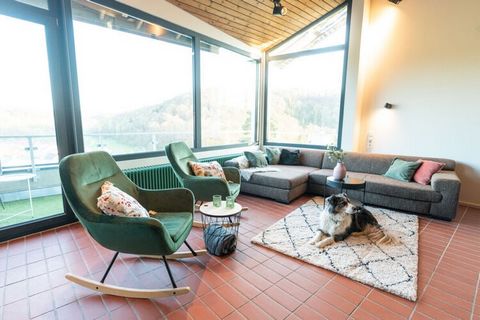 Our architect's house with 150 square meters is located in the middle of the juniper heath with a unique view of the large Lautertal. The holiday home for 10 people has a very large living and dining area of 74sqm. The modern designer stove surrounde...