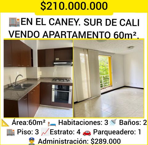 EN EL CANEY. SUR DE CALI. VENDO APARTAMENTO 60m².  Apartamento con 60m2 de espacio, disfruta de: 2 habitaciones más tercera habitación usada como estar de TV, sala y comedor amplios Balcón con vista, cocina americana independiente y zona de oficios, ...